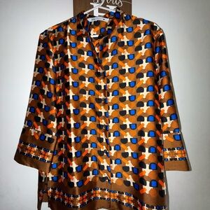 Zara Brown Geometric Silk-Blend Button Blouse